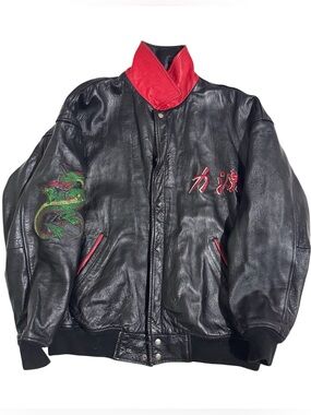 Power Souce Vintage Heavy Black Leather Bomber Jacket Japanese Dragon Embroidery